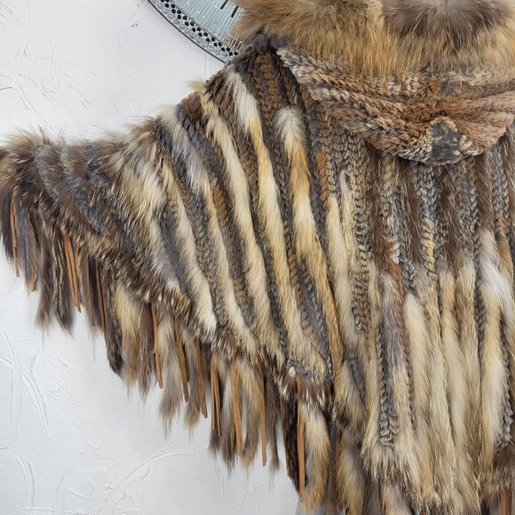 ALBERTO MAKALI~VINTAGE BROWN GENUINE FOX FUR REAL RABBIT HOODED PONCHO CAPE COAT - Picture 2 of 16